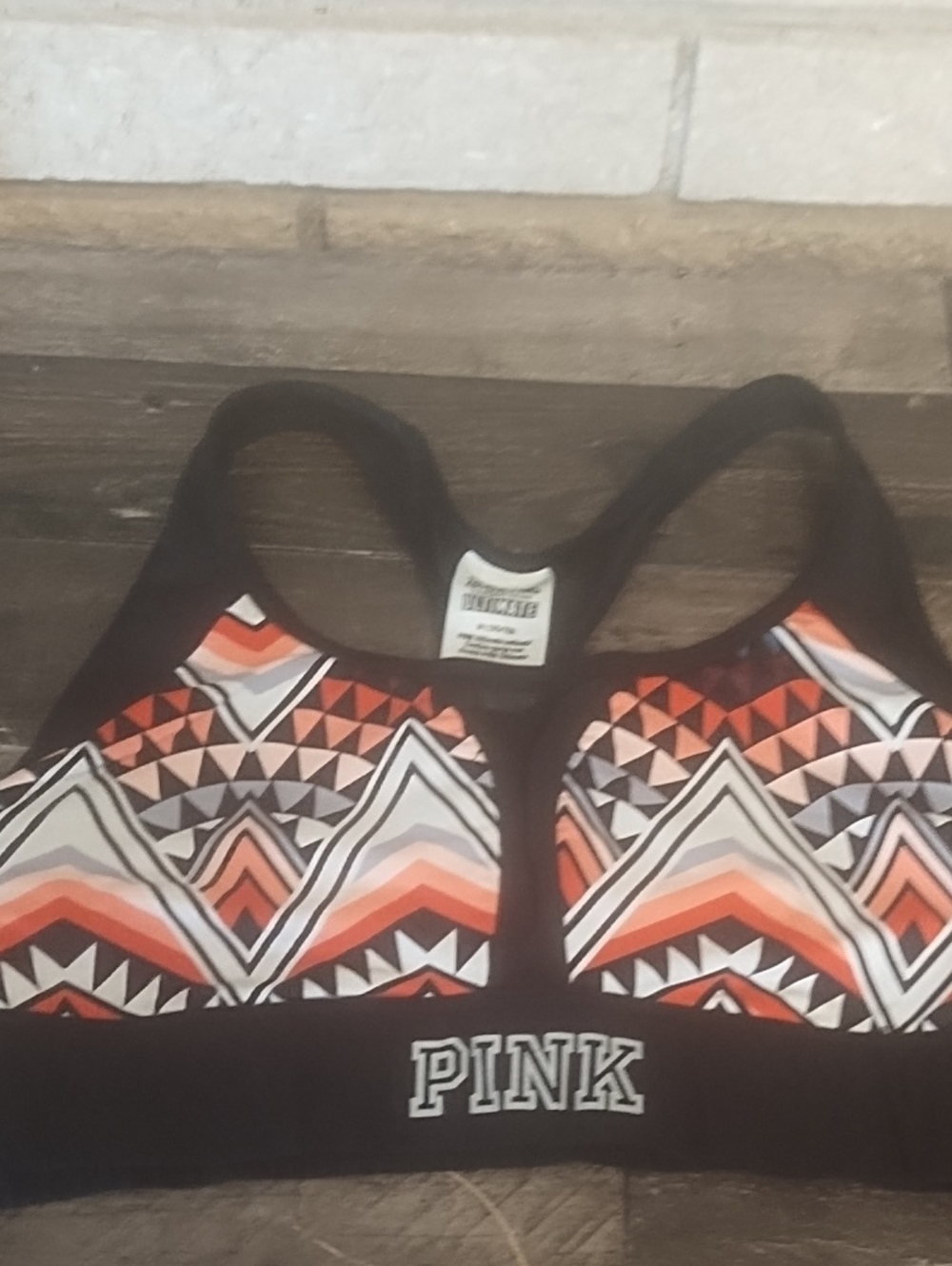 PINK Victoria's Secret Black Bikini Top with Orange & Cream Geo Print